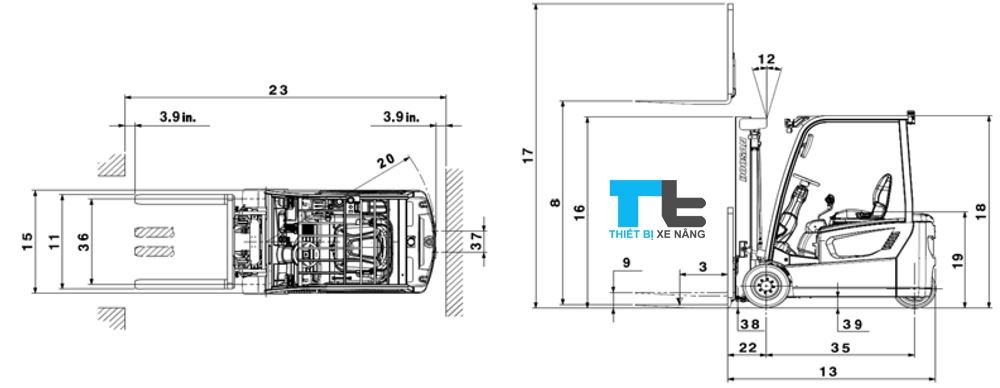 Hình vẽ tổng thể xe nâng điện 2 tấn 3 bánh ngồi lái Doosan